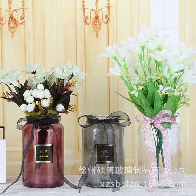 新款ins北欧风玻璃花瓶英文贴纸花瓶摆件水培透明玻璃花瓶插花器