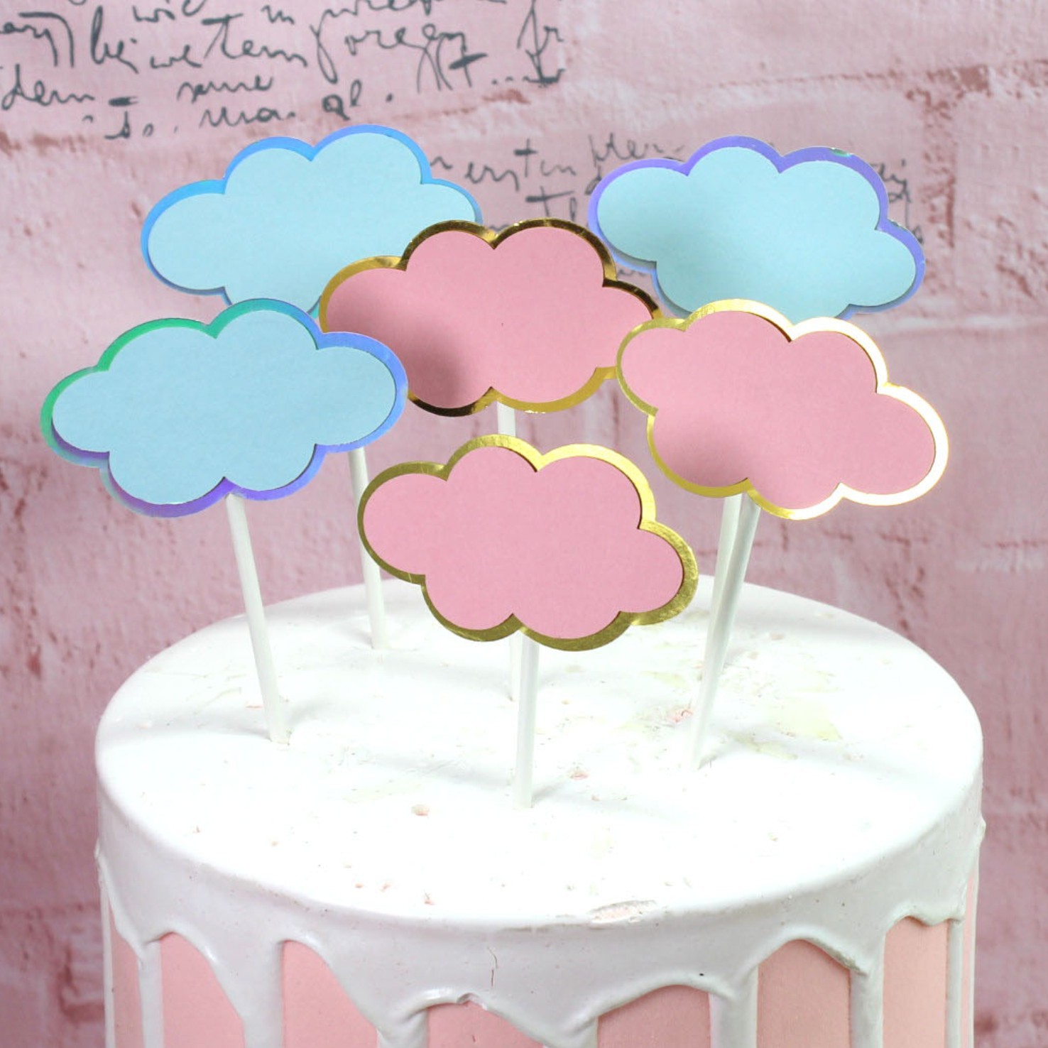烘焙蛋糕裝飾 粉色藍色雲朵生日快樂蛋糕插件 生日蛋糕插牌套裝