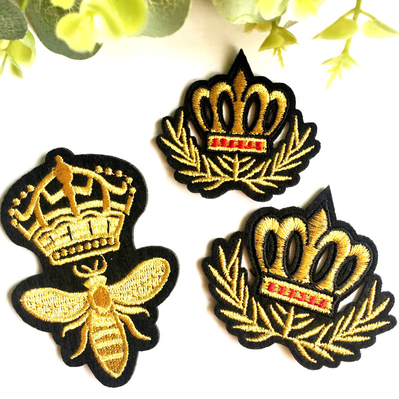 刺绣花徽章可烫缝衣服牛仔皮衣前胸服装金线蜜蜂皇冠毛毡布贴