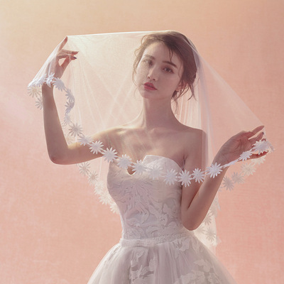 厂家直销批发新款蕾丝花边新娘细软头纱面纱婚庆配饰白色20185