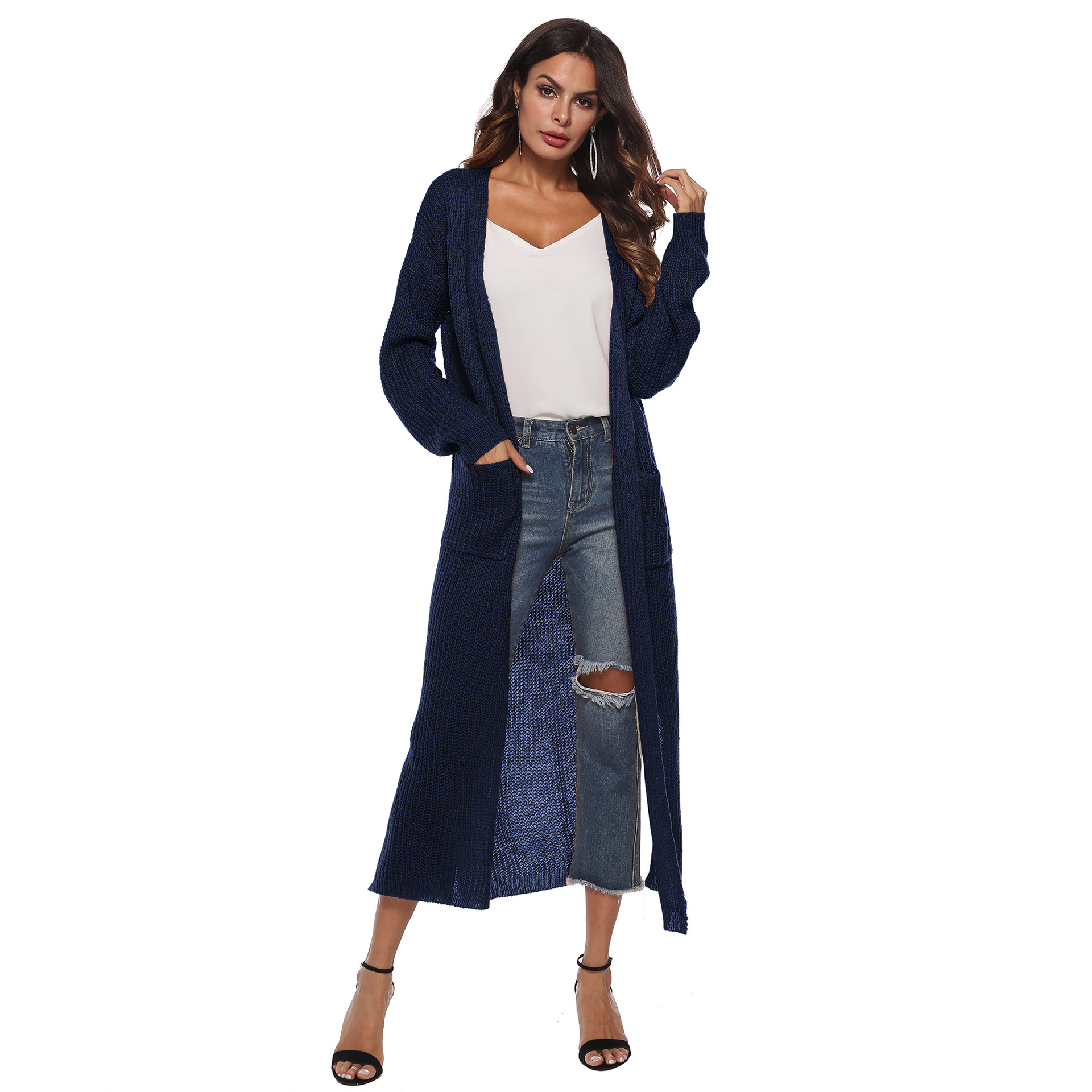 open-fork big pocket knit long thin coat NSOY28458