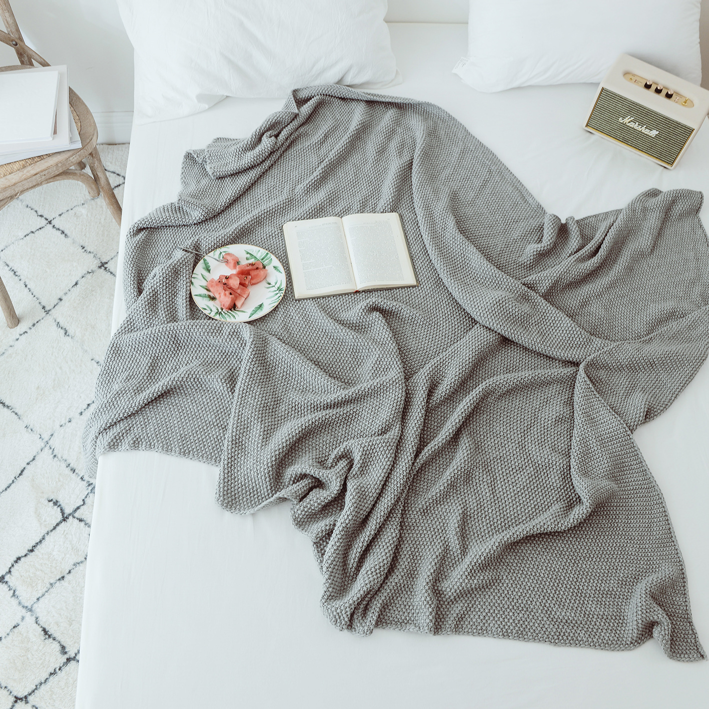 北欧简约风粗针毛线全棉毯子桂花针空调毯盖毯披肩针织毯