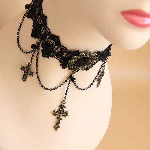 Women girls singers stage performance Cross lace Necklace Harajuku Style Lace Jewelry bar prom masquerade party cosplay  Jewelry