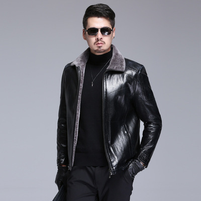 2018冬季新品中年男士山羊皮翻領皮衣拉鏈中長款師氣休閑皮衣潮