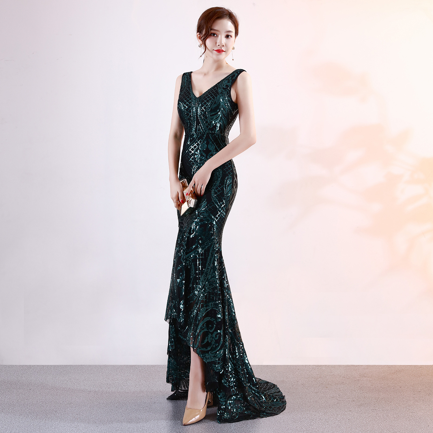 1578#晚礼服女V领性感夜场演出名媛聚会连衣裙晚宴礼服主持人-阿里巴巴