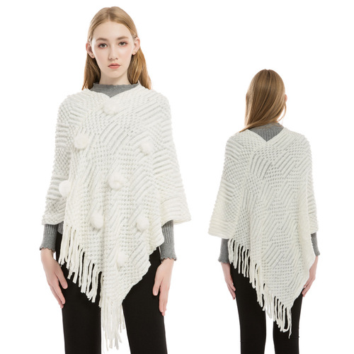 Autumn and winter new European and American rabbit fur ball knitwear manufacturer wholesale imitation cashmere warm large size women's cloak shawl