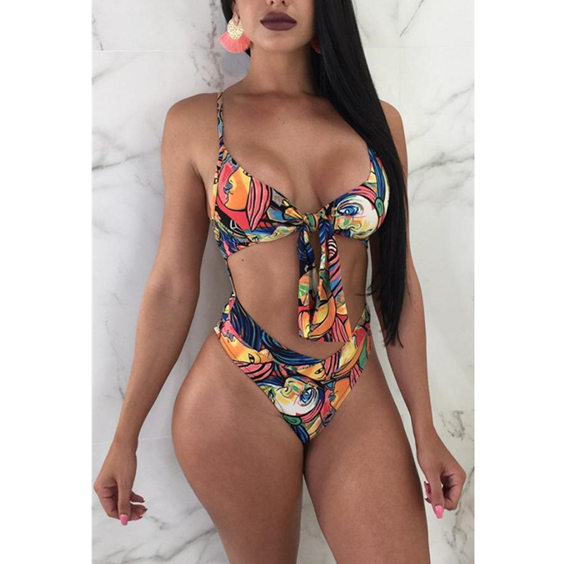 printing wrap chest sling hollow backless one-piece swimsuit NSYLH131540