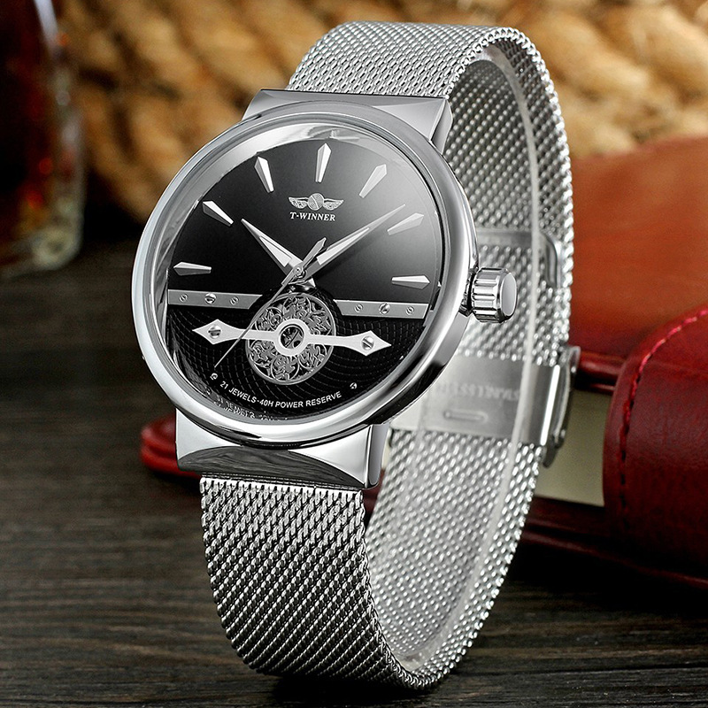 Winner-162G hombres de negocios reloj mecánico automático casual correa de acero máquina transparente inferior reloj mecánico