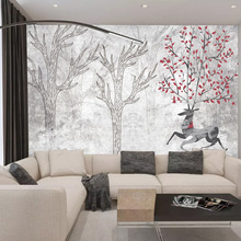 简约北欧风手绘小鹿森林墙纸客厅沙发卧室背景墙壁纸定制个性壁画