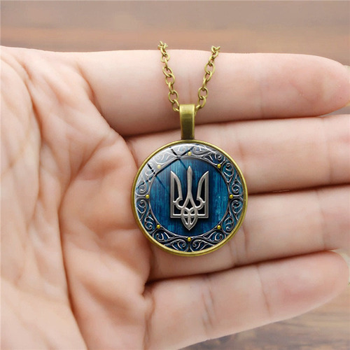Ukrainian Flag Trident Time Gem Necklace Women's Versatile European and American Popular Pendant Retro Long Sweater Chain