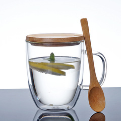 Transparent double-layer glass teacup with lid, spoon, heat-insulated, household office creative handle-coffee cup