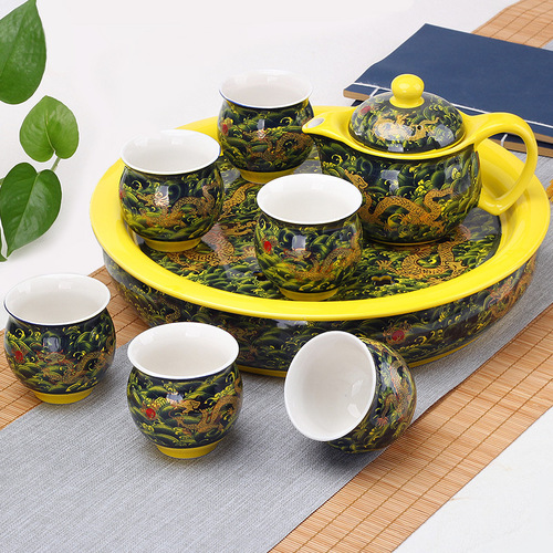Double-layer insulated ceramic complete set, Kung Fu tea set, teapot, teacup, ice cracked Ru kiln tea tray, black tea, blue and white porcelain