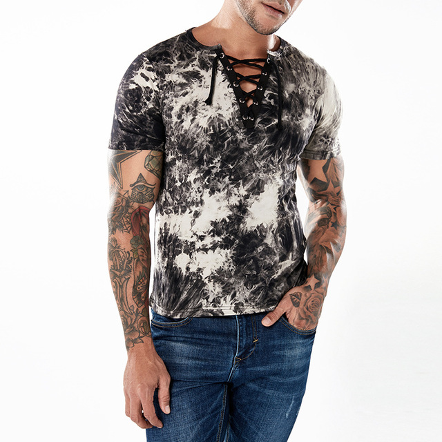 Men’s T-shirt trendy pattern rope belt V-collar fashionable 