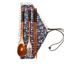 日式和风缠线木勺套装木质布袋筷子勺子叉子旅行便携式餐具三件套