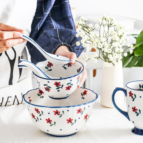 Japanese-style hand-painted small flower ceramic tableware set, including rice bowl, soup bowl, plate, western-style plate, mug, saucer, and soup spoon for home use.