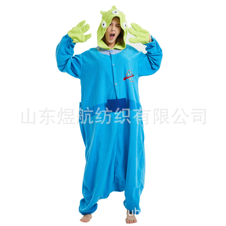 情侣款三眼怪摇粒绒卡通动物连体睡衣演出服长袖冬季家居服