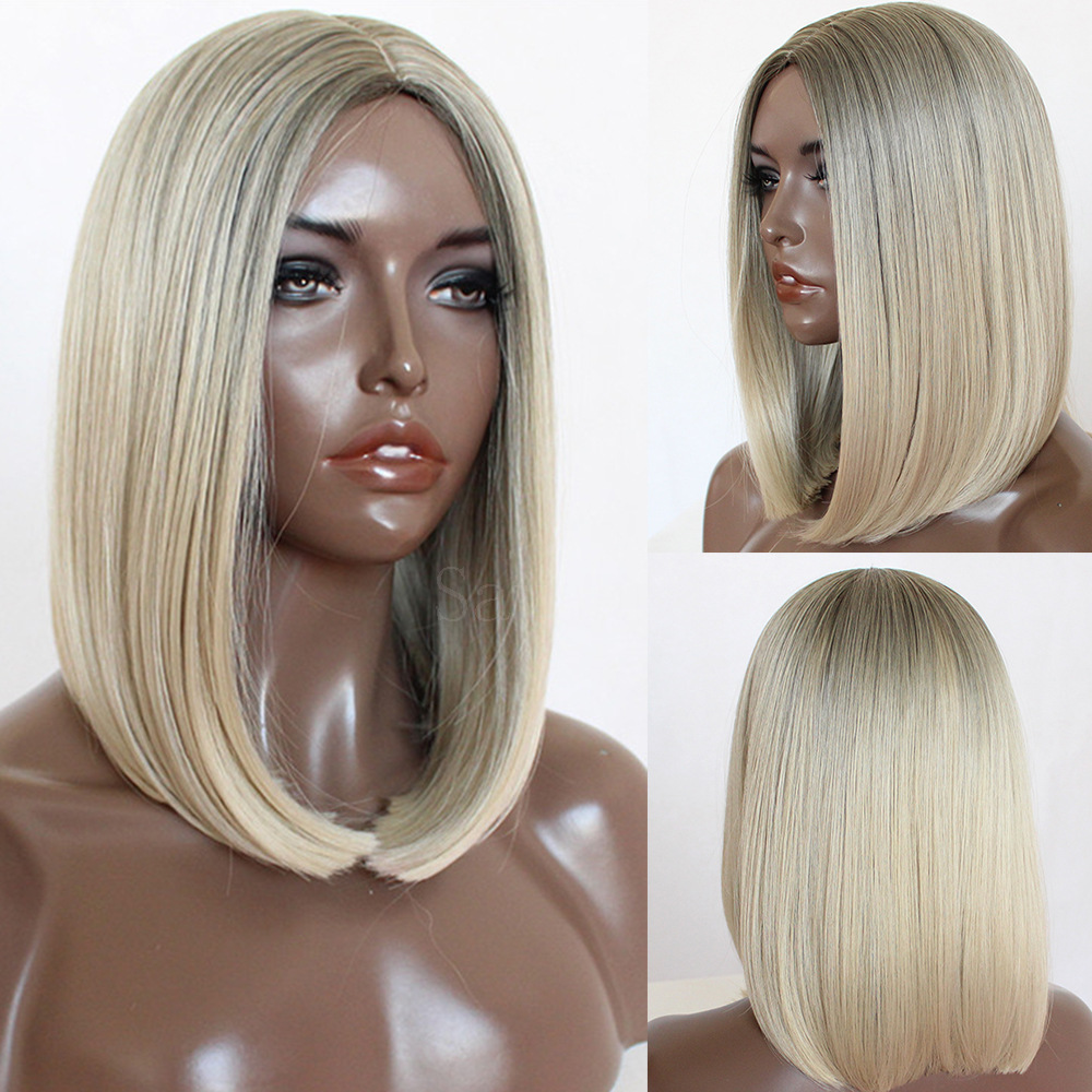 Synthetic None Lace Wigs Ombre Brown Blonde Hair Short Bob