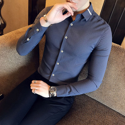 18春装新款英伦长袖衬衫男士潮条纹衬衣青年港风潮修身上衣批发|ms