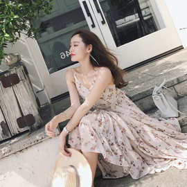 8857夏季新款v领修身显瘦碎花长裙子雪纺印花仙女吊带连衣裙