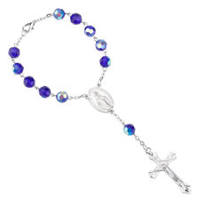 蓝色玻璃珠天主教圣母图念珠手链 INRI耶稣合金十字架Auto Rosary