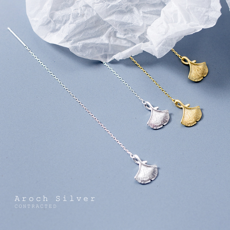 S925 línea de hongo blanco femenino estilo japonés hilo de oreja de ginkgo hoja de albaricoque cadena de oreja larga hoja de viento de bosque joyería de oreja G0241 image 1