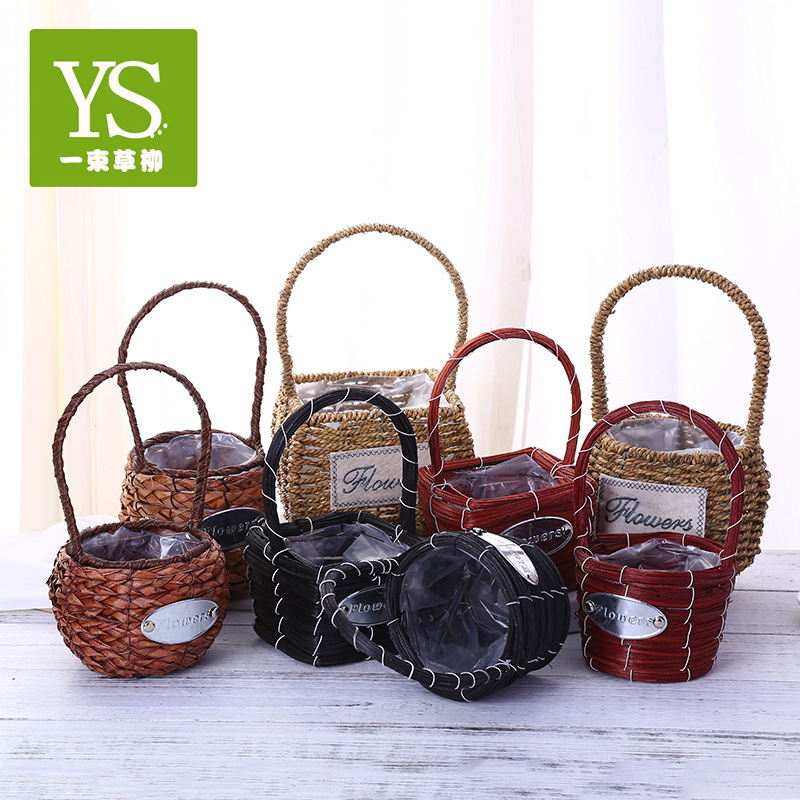 厂家直销 花艺花篮 草木丝手工编制多肉花篮 绿植种植花篮