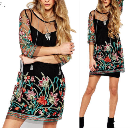 Black Embroidered Mesh Dress Slim Fit Sheer Design Elegant Style Perfect for Autumn Events Wholesale Available