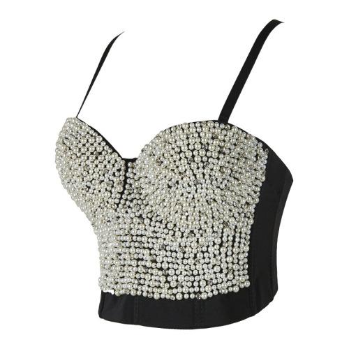 Women's Diamond bling jazz dance bra tops White and black bubble beads hand-made nail bead vest, body shaping waistcoat, fashion girl sling