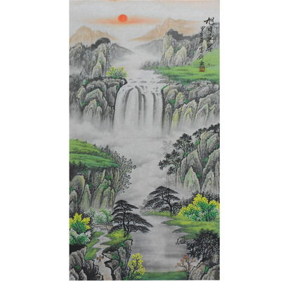 Hand drawn Chinese painting Landscape painting Has a long history a living room Entrance Hanging picture Authentic Feng shui paintings Vertical Banner The rising sun