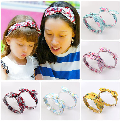 Polyester digitally printed parent-child headband set, cross-knotted bunny ears headband, holiday parent-child elastic headband
