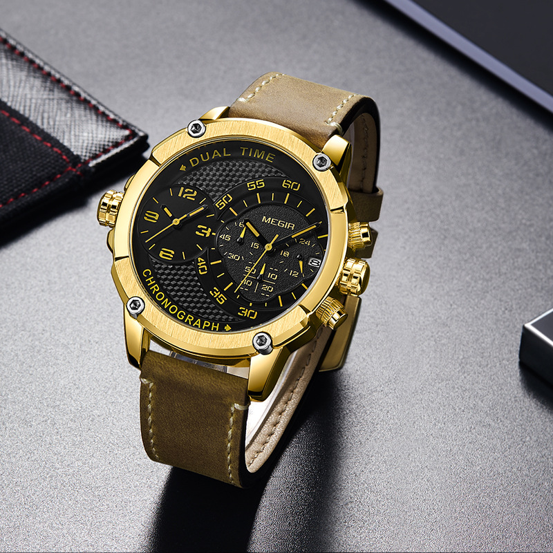 【新品-美格尔时尚双时区多功能计时石英男士手表】型号：2093G。