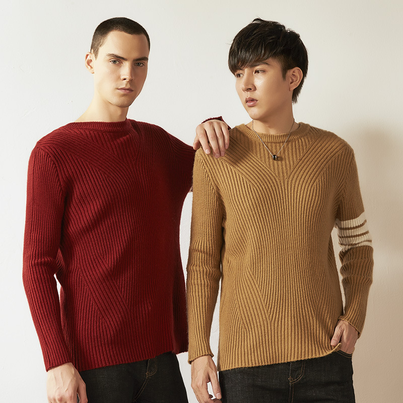 批发零售2018秋冬新款男士羊绒衫条纹羊毛衫毛衣加厚圆领外穿打底|ms