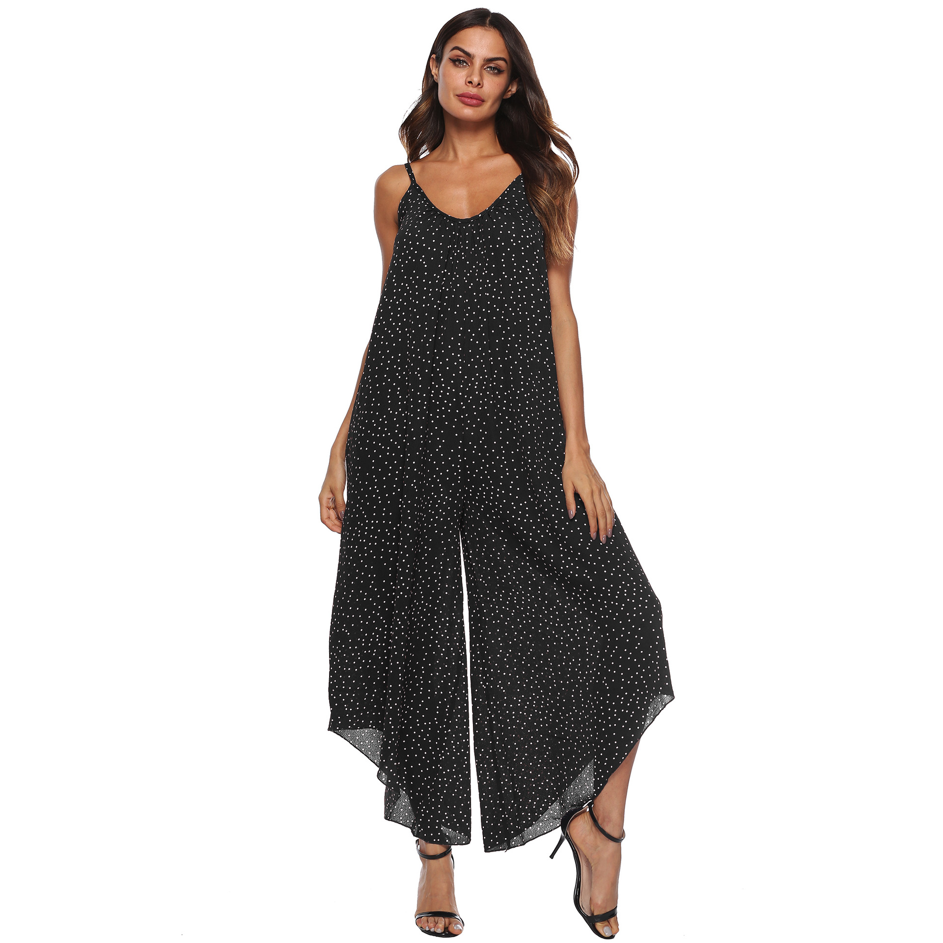 Plus Size Womens Polka Dot Asymmetrical Jumpsuit Loose Fit Wide Leg Spaghetti Straps Casual Summer Wear Wholesale