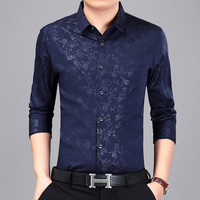 Careful 2020 Autumn new pattern brand men's wear Classic embossed Men's Lapel Long sleeve shirt Korean version of the shirt M