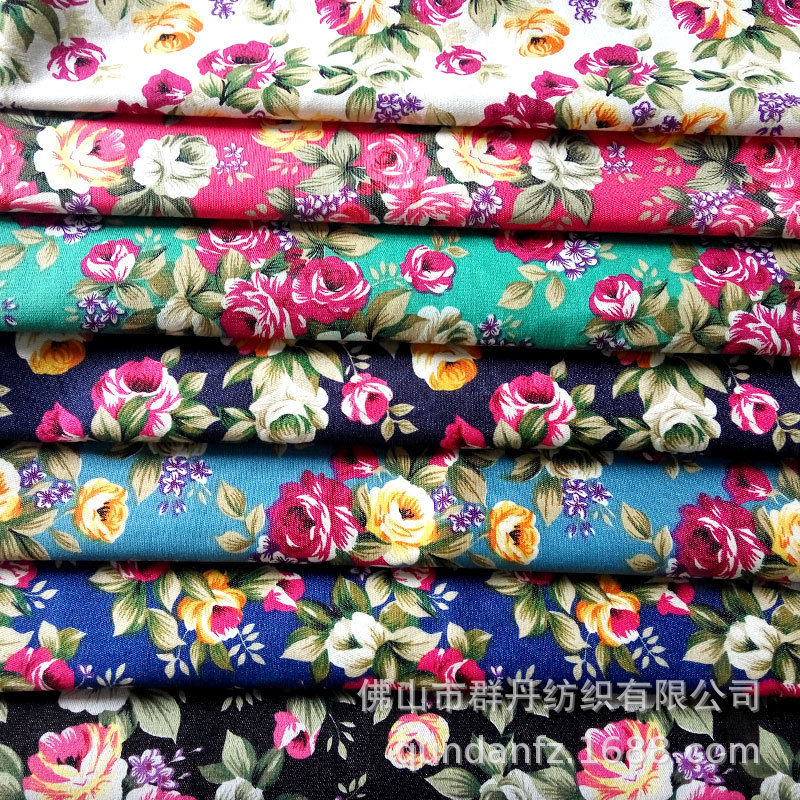 涤氨仿牛仔弹力印花布 小玫瑰花时尚女装打底裤 鞋材帽子箱包面料