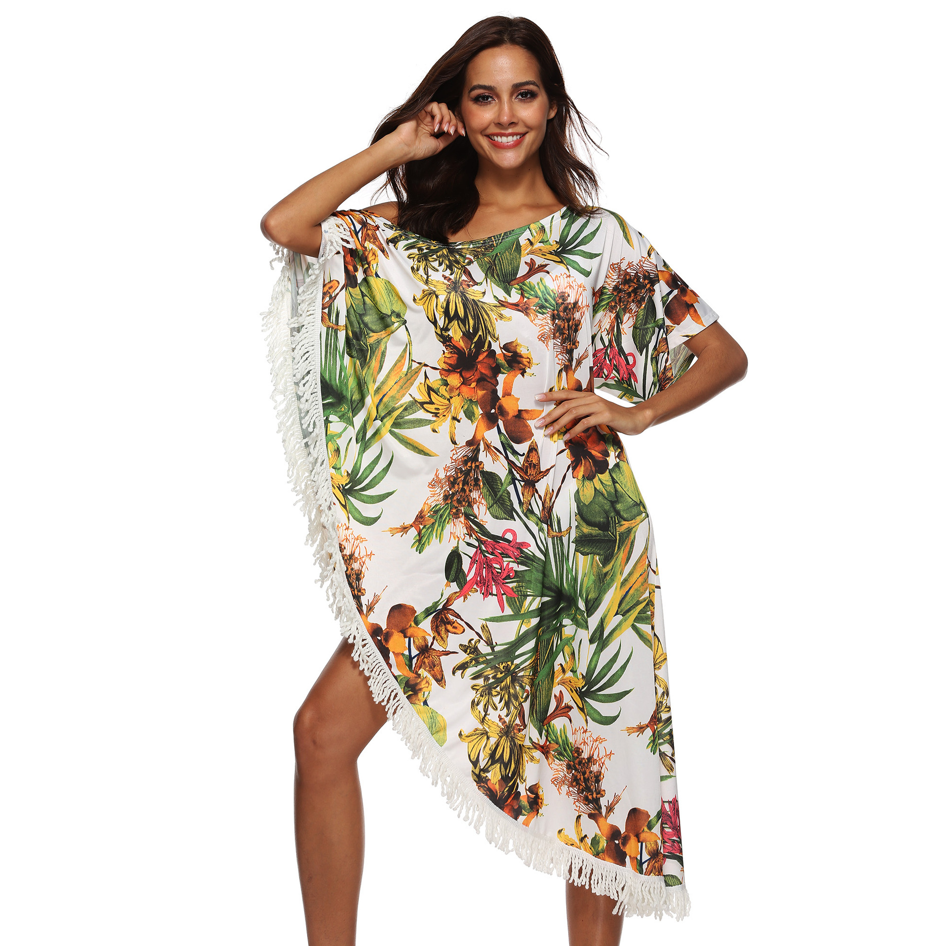 Floral Print Off Shoulder Maxi Dress Tassel Detail Irregular Hem Sun Protection Summer Casual Wear Wholesale