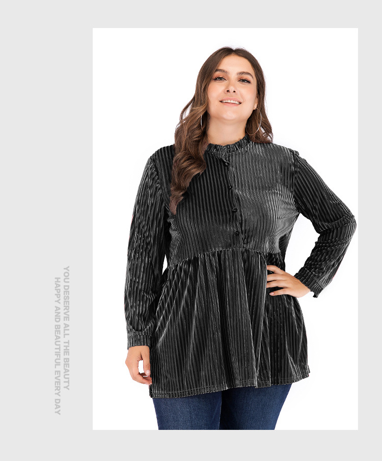 striped color matching stretch velvet long-sleeved shirt   NSJR22608