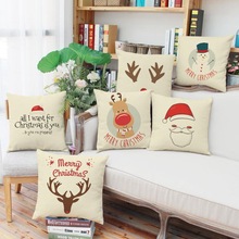 圣诞节卡通动物麋鹿雪人印花亚麻抱枕 新年礼物节庆靠枕方形靠垫
