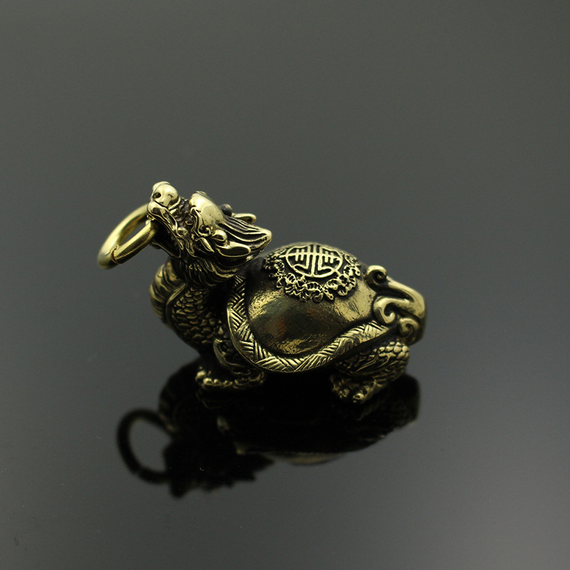 純銅福壽綿長龍龜鑰匙扣挂墜 黃銅帶環玄武龍龜吊墜實心瑞獸挂墜