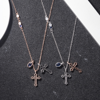 施家s925純銀十字架項鏈女鎖骨鏈時尚簡約十字架鑲鑽吊墜廠家直銷