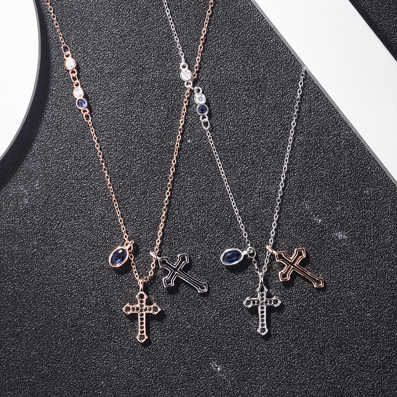 施家s925純銀十字架項鏈女鎖骨鏈時尚簡約十字架鑲鑽吊墜廠家直銷