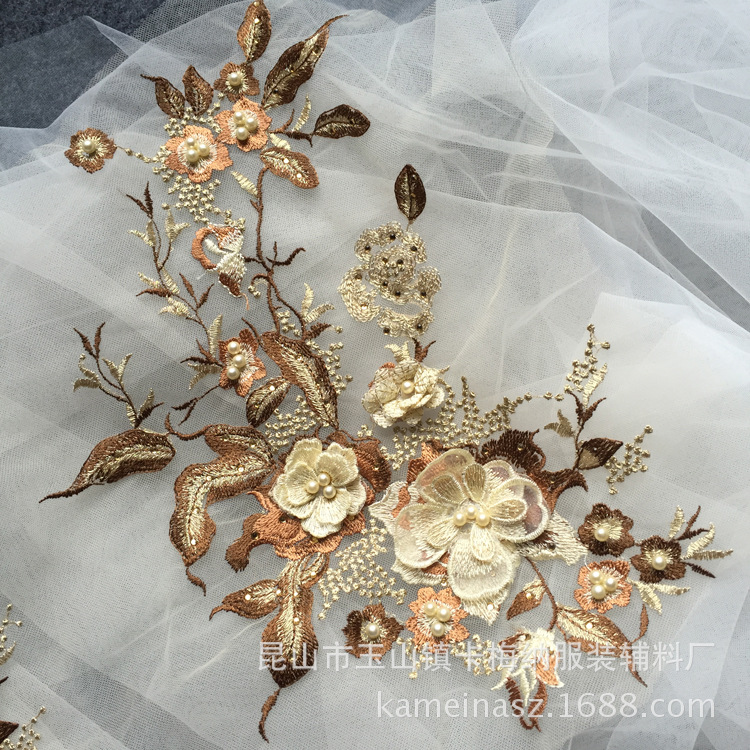 Poliéster bordado de seda macaron negro oro azul con cuentas de diamantes de imitación tridimensional encaje flor pegatinas bordado flor parche