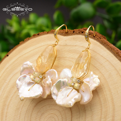 GLSEEVO Imported natural Baroque Petal Pearl Europe and America manual Earrings Jewelry