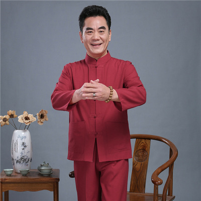 中老年唐裝男春秋長袖亞麻套裝純色寬松休閑棉麻兩件套中國風男裝