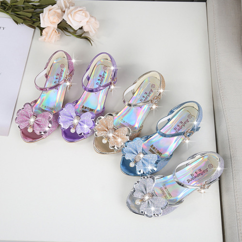 summer new Korean style princess crystal girls' high heels, students, medium and large children's fish mouth girls' sandals