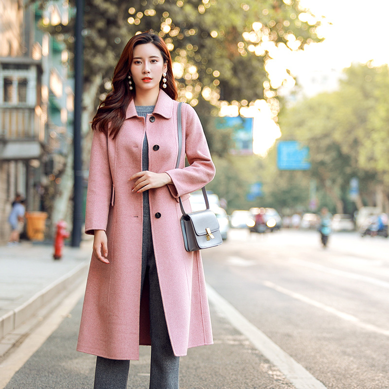 秋冬新款混色双面呢大衣气质翻领修身双面羊绒大衣毛呢外套女2018