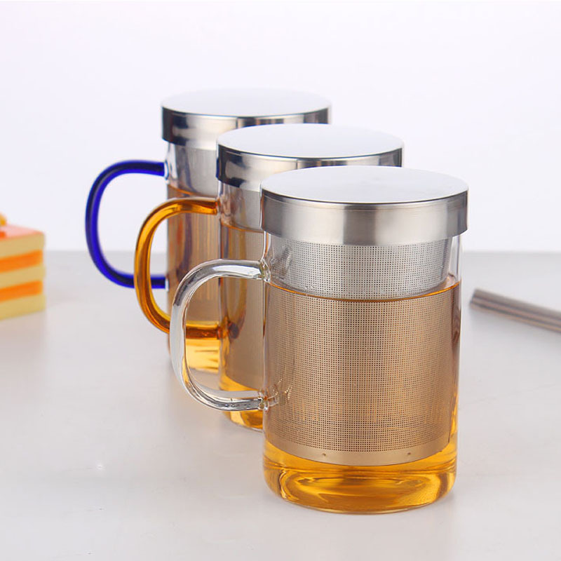 恒晶耐热玻璃杯 不锈钢过内胆水杯 办公室泡茶杯子三件花茶杯批发|ru