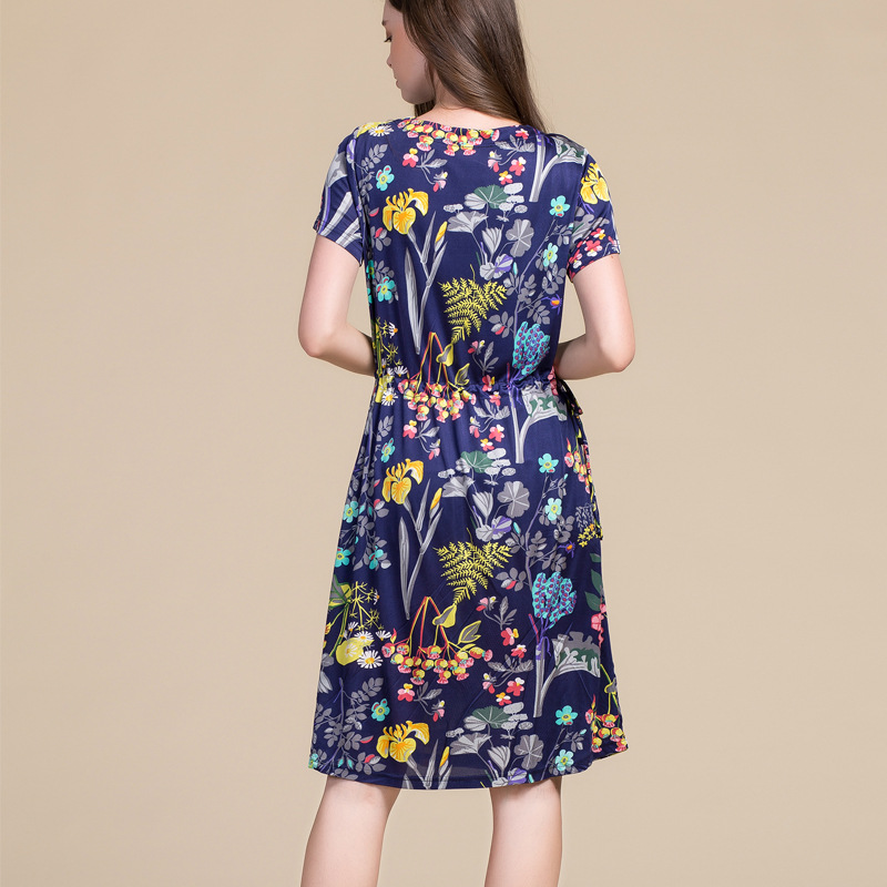Womens Floral Print Short Sleeve Knitted Silk Dress Loose Fit Adjustable Drawstring Long Length Spring Summer