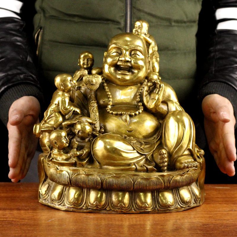 纯黄铜大号五子弥勒佛五子弥勒佛菩萨铜像高28公分五童戏弥勒 阿里巴巴