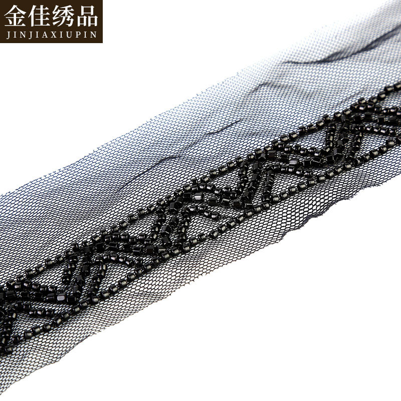 苏州厂家加工网布面料珠管绣 珠管绣花边手工钉珠网布缝珠花边
